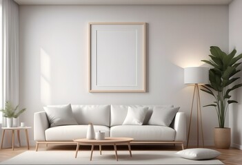 Realistic Frame Mockup ISO A paper size frame with a living room wall poster in a modern, white wall interior design. 3D rendering