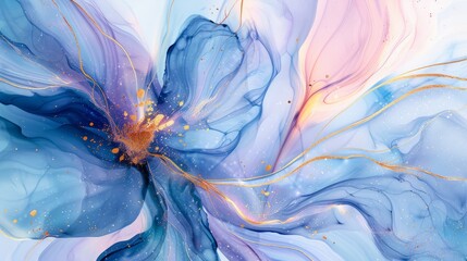 Abstract marbled ink liquid fluid watercolor painting texture banner illustration - Soft blue purp petals, blossom flower flowers swirls gold painted lines, isolated on white background, generative ai