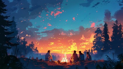 A group of friends camping in the woods at night. They have built a campfire and are sitting around it, talking and laughing. The sky is full of stars.