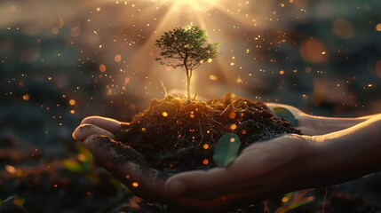 Conceptual image of a tree flourishing from soil held in human hands, symbolizing growth and environmental care