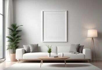 Realistic Frame Mockup ISO A paper size frame with a living room wall poster in a modern, white wall interior design. 3D rendering