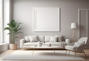 Realistic Frame Mockup ISO A paper size frame with a living room wall poster in a modern, white wall interior design. 3D rendering