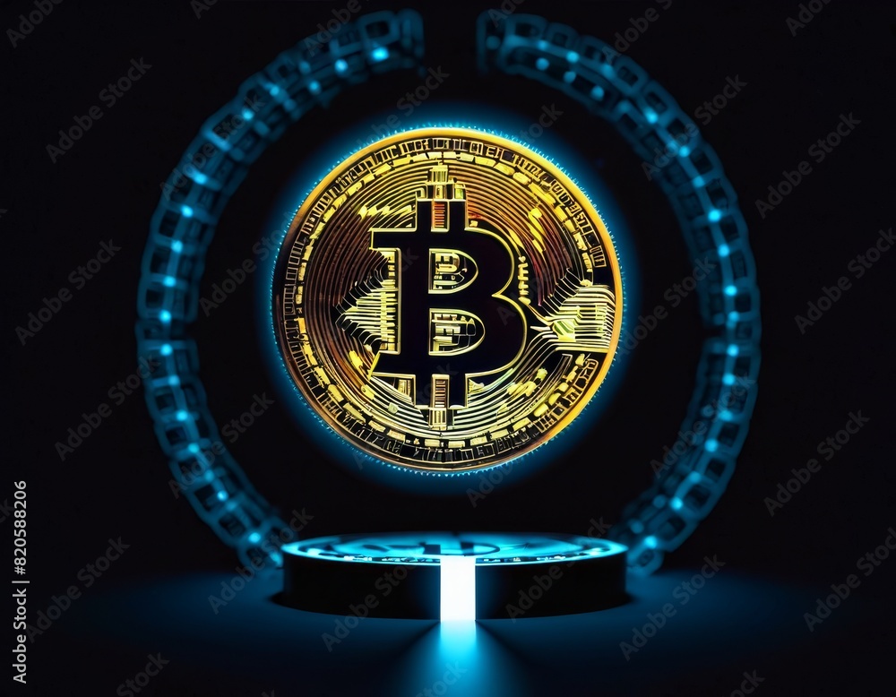 Poster a striking bitcoin hologram emerges from a digital platform, encircled by futuristic blue binary cod