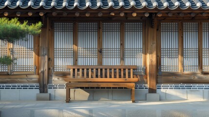 A background with traditional palace walls and benches in Korea. Generative AI