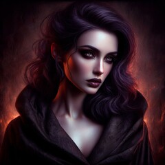 Naklejka premium Stunning brunette woman with long, dark hair and red lips exudes elegance