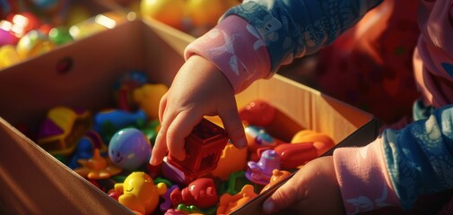 Closeup of hands packing childrens toys into a box, colorful, photorealistic, high detail
