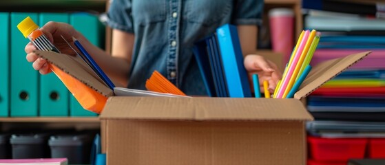 Closeup of hands packing office supplies into a cardboard box, bright colors, photorealistic, high detail