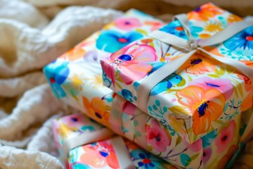 Packing holiday gifts with colorful wrapping paper, closeup, festive, watercolor style,