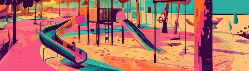 A vibrant and colorful playground with a variety of equipment, including slides, swings, and a climbing wall