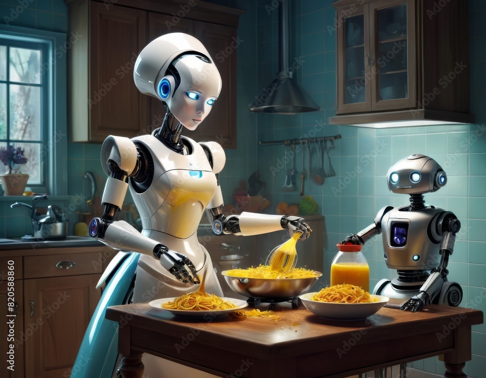 Poster a humanoid robot in a home kitchen serves spaghetti while a smaller robot watches.. ai generation