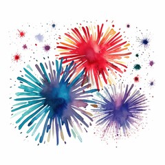 Fireworks in various colors and shape. United States Independence Day, watercolor illustration, Perfect for nursery art, simple clipart, single object, white color background. 
