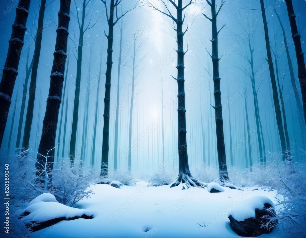 Poster ethereal winter forest with snow-covered trees and a soft foggy glow, creating a tranquil atmosphere