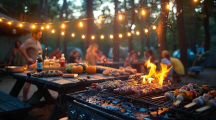 Friends are having a barbecue in the forest. They are cooking food on a grill and talking and laughing. There are trees and a fire in the background. The mood is happy and relaxed.