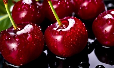 Top view of an array of ripe cherries covered in glistening water droplets, Ai Generated