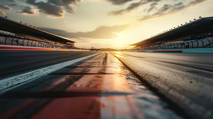 F1 race track circuit road with motion blur and grandstand stadium for Formula One racing