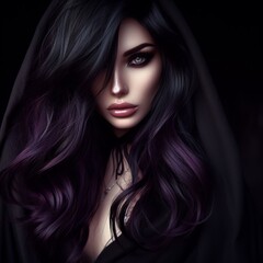 Beautiful woman with long dark hair and glamorous