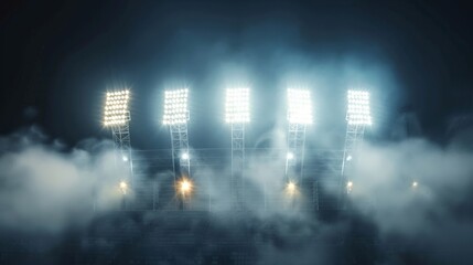 Bright stadium arena lights .stadium lights and smoke against dark night.