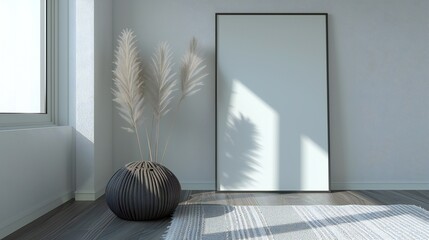 Interior mockup showcasing a minimalist living room with a statement poster and frame against the wall.