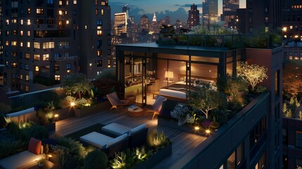 An urban rooftop garden at night, warmly lit, offers a serene escape with lush greenery and twinkling lights.