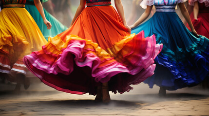 A diverse group of women, dressed in vibrant and colorful dresses, Mexican dancing
