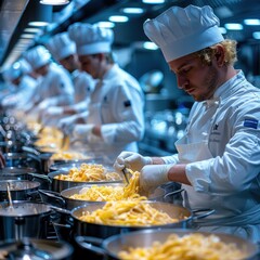 Group of chefs in the kitchen, cooking pasta with many ingredients and colorful vegetables. inside the kitchen at the hotel restaurant. The scene is illuminated by bright lights from above.