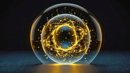 Abstract yellow background with golden wireframe round sphere with particles, space for text
