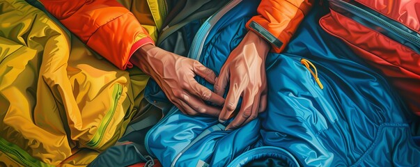 Closeup of hands packing camping gear, vibrant colors, photorealistic, high detail,