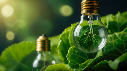 Eco-Friendly Concept with Earth Lightbulb on Leaves.A creative display of an eco-friendly concept with a lightbulb depicting the Earth