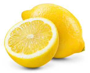 Lemon fruit with half isolated png. Whole lemon and a half on transparent background. PNG format. Lemons isolated. Full depth of field.