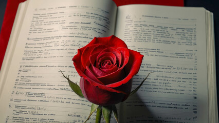 Red rose on open book on wooden table. Valentines day background