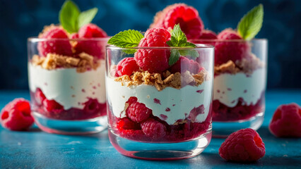 Raspberry dessert with yogurt and granola in glass on blue background
