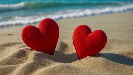 Fototapeta premium Two red hearts in the sand on the sea background
