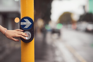 Travel, hand and woman with button by traffic light for crossing intersection with safety....