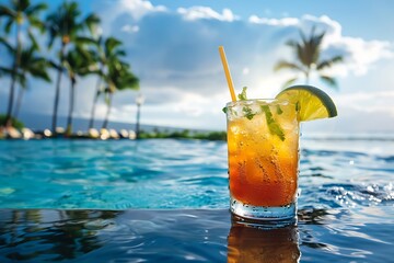 Hawaii mai tai drinks on waikiki beach swimming pool bar travel vacation in Honolulu, Hawaii. Alcohol cocktails with ocean view, luau party nightlife at club.