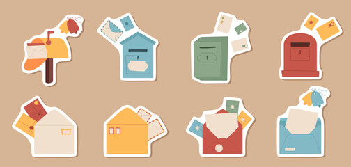 Flat handmade empty mailbox with envelopes newsletter sticker concept, cartoon craft mail flying from postboxes subscription invitation template, creative paper post card. trendy envelope design,