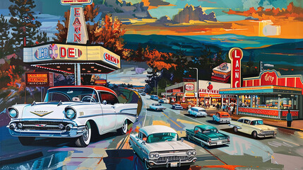 A retro-inspired pop art painting featuring a montage of vintage cars, diners, and roadside...