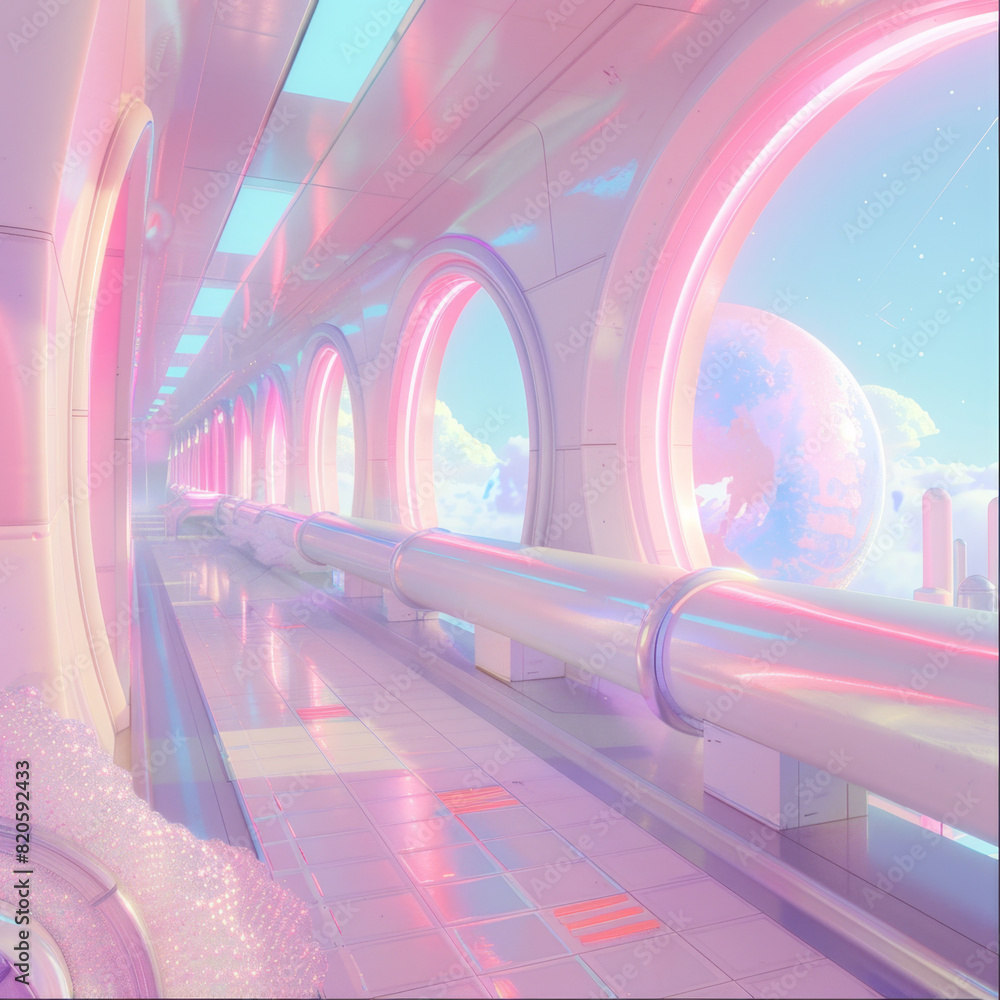 Poster a futuristic space station corridor featuring large windows with a breathtaking view of a distant pl
