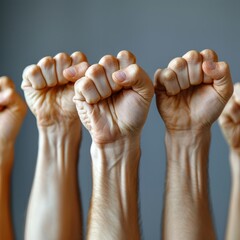 Business team raising hands together, with the sun shining between them, held high to appear strong. It can symbolize strength, self-confidence, unity, determination, success, victory.