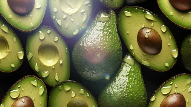 Avocado background tile. Avocado in the market. Avocado pattern background. Fresh Avocado fruit with drops tiles video. Fruit wallpaper. Fruits background. 4K Videos