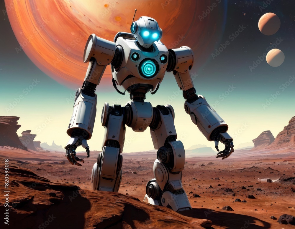 Poster an advanced robot stands alone amidst the stark martian landscape, under a sky dotted with distant p
