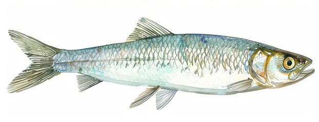 Fototapeta premium Long shot of a Herring fish, detailed watercolor style, set on an untouched white background, highlighting its iridescent scales and natural form, soft yet vivid