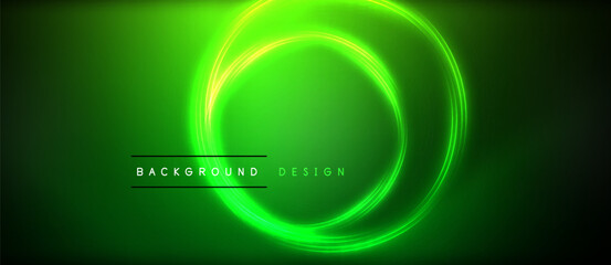 Neon glowing circle rays, light round lines in the dark, planet style neon wave lines. Energetic electric concept design for wallpaper, banner, background