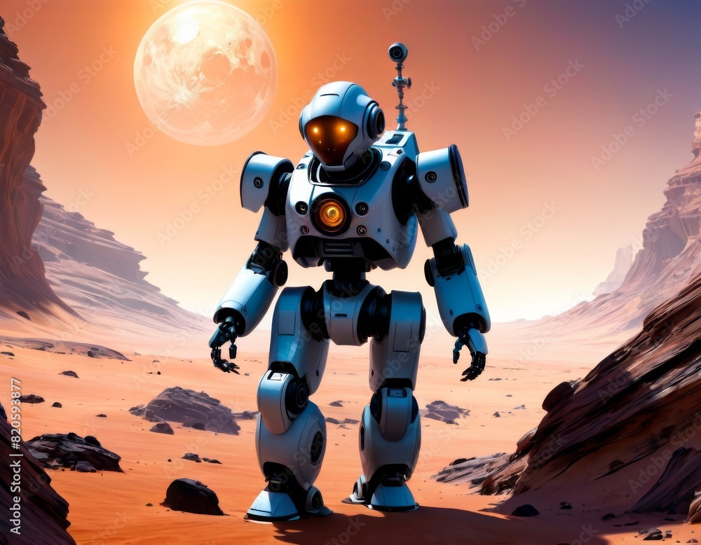 Poster a lifelike render of an advanced robot exploring a desert-like martian terrain under an alien moon..