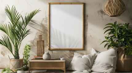 A bamboo poster frame in a serene, zen-inspired interior, with natural materials, indoor plants, and a calming color palette,