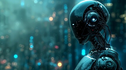 Robot d'intelligence artificielle vue de profil sur fond bleu abstrait, illustration ia générative