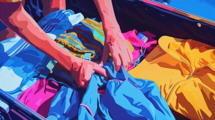 Closeup of hands packing a suitcase with clothes and travel essentials, bright colors, photorealistic