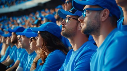 group of fans dressed in blue color watching a sports event in the stands of a stadium