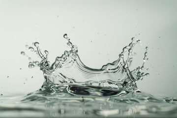 Close-up of a water splash creating droplets and ripples on a smooth surface, captured in motion against a plain background.