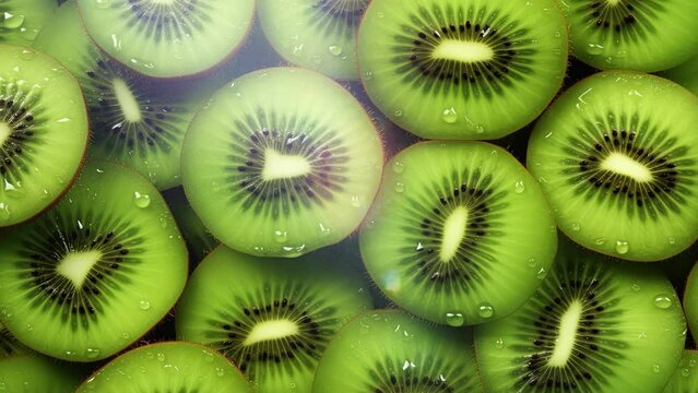 Kiwi fruit background tile. Kiwi fruit in the market. Kiwi fruit pattern background. Fresh kiwi fruit with drops tiles video. Fruit wallpaper. Fruits background. 4K Videos