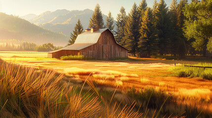 A rustic barn nestled in a sunlit meadow, surrounded by fields of golden wheat and towering trees,...